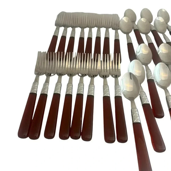 Pier One 39 Piece Stainless Flatware Red Acrylic Handles Mod Floral Embossed - Picture 6 of 14